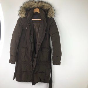 Lands' End Brown Puffer Coat with Faux Fur Hood